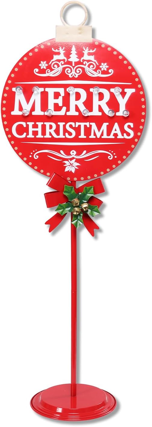 Merry Christmas Sign with LED Light Battery Operated with Timer Christmas Signs with Base Xmas Holiday Decorations Patio Lawn Yard Outdoor Display Decor Round