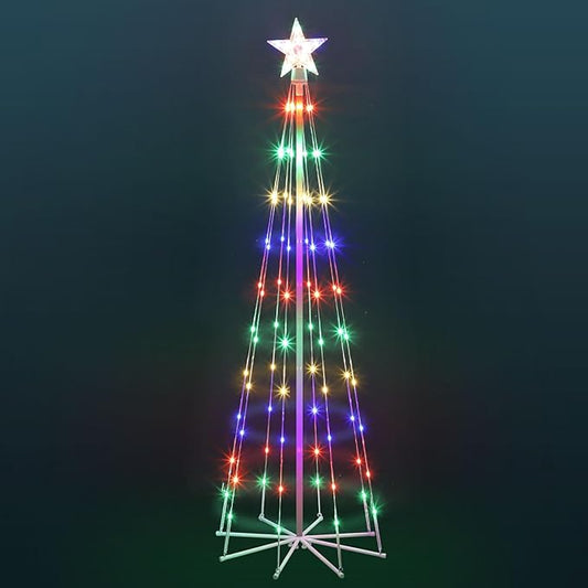 5' LED Animated Outdoor Christmas Tree, Multicolor Lightshow Lighted Cone Wire Tree with Topper Star, Christmas Outdoor Decorations Artificial Lighted Tree for Indoor Outdoor Yard Patio