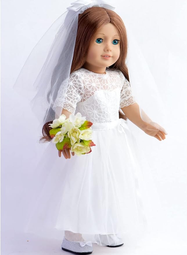 18 Inches American Doll Clothes First Communion Gorgeous White Wedding Dress Veil Bouquet Sets Fit 18 Inches Dolls