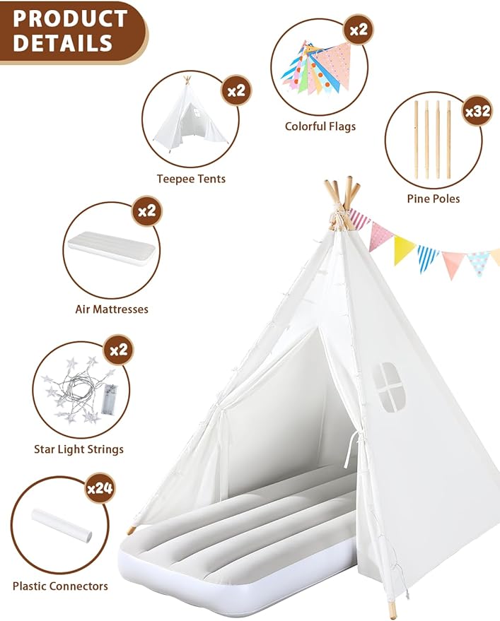 2 Pack Teepee Tent for Kids with Inflatable Airbed, Light, Indoor Toddler Sleepover Tents Children Room Tents for Slumber Party, Outdoor Kids Play Tent Play House for Girls & Boys