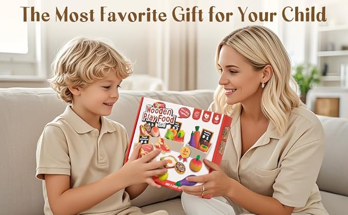 Toyssa Wooden Play Food Sets for Kids Kitchen, Play Toy Foods for Toddlers with Realistic Colors & Play Money, Pretend Play Kitchen Accessories Christmas Birthday Gifts for Girls Boys 3 4 5 6 7