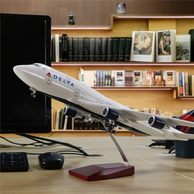 24-Hours 1/130 Scale Delta Boeing 747 Model Airplane With LED Light (Touch or Sound Control) for Adults, Decoration and Displays