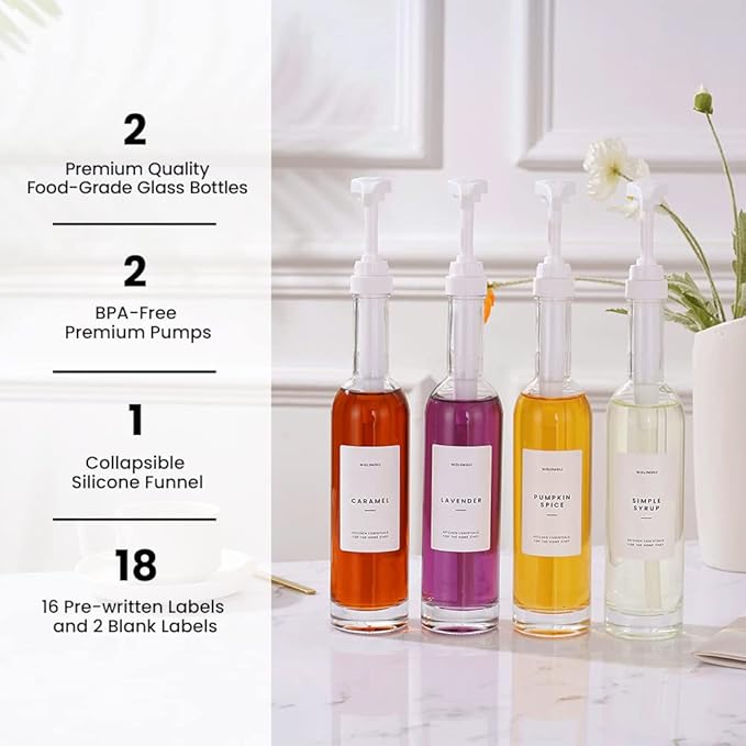 MoliMoli Coffee Syrup Dispenser for Coffee Bar, 350ml,Coffee Pump Dispenser, Glass Syrup Bottle w. Pumps, Simple Syrup Dispenser w. Labels (White) Set of 2