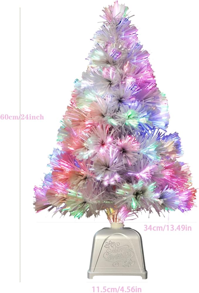 Pre lit Mini Christmas Tree, Tabletop Artificial Fiber Optic Christmas Trees with Silver Base -24 Inch (White) …