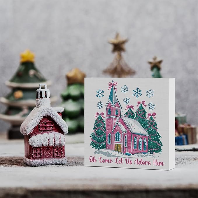 Oh Come Let Us Adore Him Sign, Jesus Christmas Tree Decor, Christian Christmas Decoration for Home Office Desk Table Shelf 5 X 5 inch