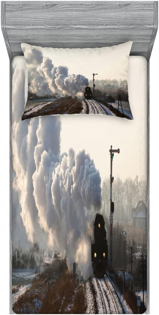 Ambesonne Steam Engine 2 Pack Fitted Sheet & Pillow Sham Set, Train Snowy Scene, 4 Pcs Bedding Decor, Package Contains 2 Twin Size Fitted Sheets & 2 Pillow Covers, Dimgrey