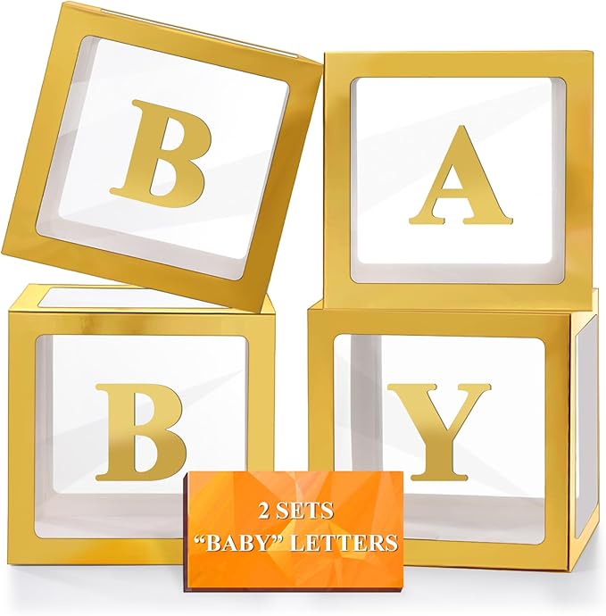 Ledido Baby Boxes with Letters for Baby Shower Decorations, 4 pcs Clear Baby Balloon Boxes Blocks for Baby Shower Decor with Letters for Boy Girl Gender Reveal Decorations Backdrop Party (Gold)
