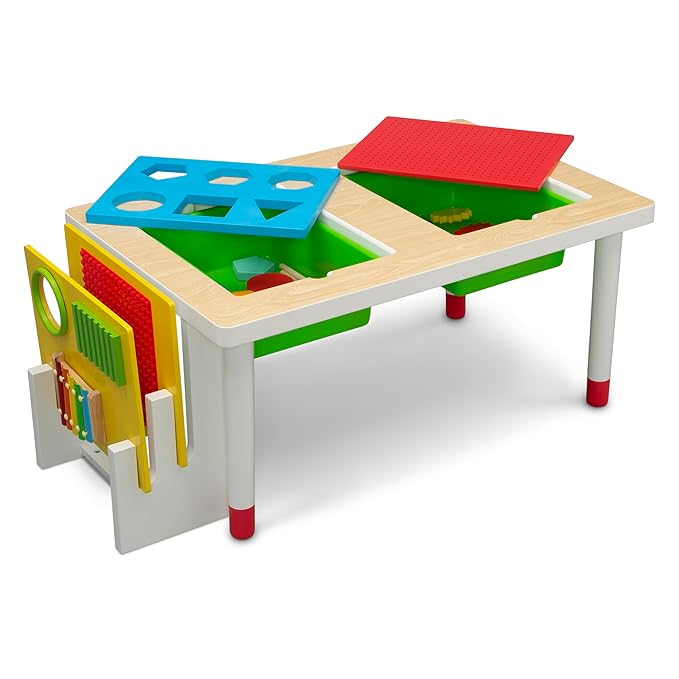 Delta Children Play and Learn Sensory Table for Kids Includes Shape Sorting, Building Block Baseplate, Gears and Musical Instruments - Use as Sand/Activity Table, White/Primary