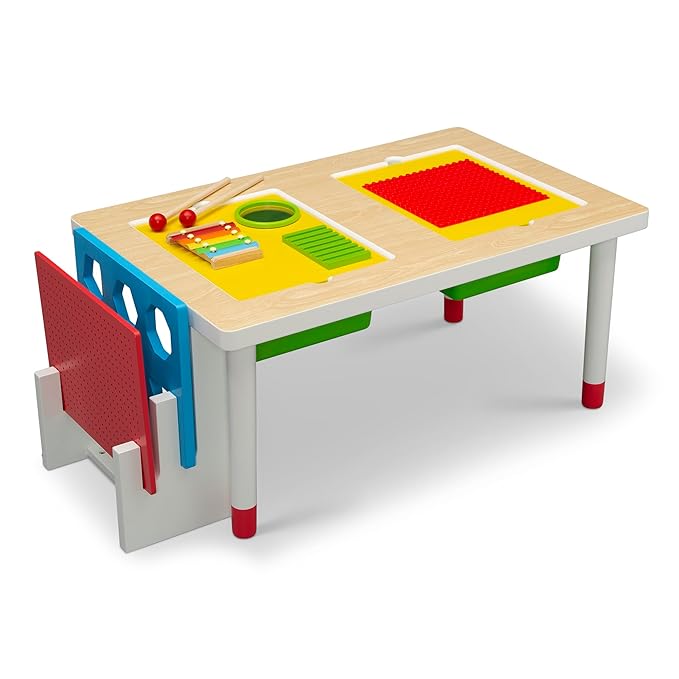 Delta Children Play and Learn Sensory Table for Kids Includes Shape Sorting, Building Block Baseplate, Gears and Musical Instruments - Use as Sand/Activity Table, White/Primary