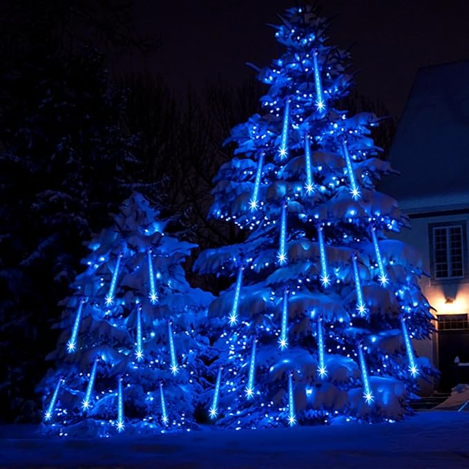 Aokudoni Meteor Shower Lights Outdoor Christmas Lights 16 Inch 8 Tube Blue Icicle Light for Xmas Holiday Tree Wedding Party Garden Christmas Decorations