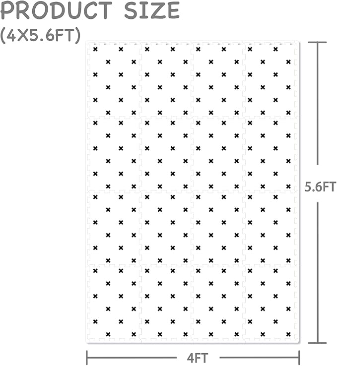 TCBunny 16 Interlocking Tiles and Edges Baby Play Mat for Kids & Toddlers - 5.6 X 4 FT (White with Black Cross)