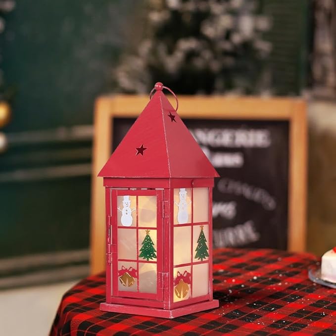 NEEDOMO Christmas Decorations for Home, 15'' Decorative Christmas Lantern Indoor Outdoor Decor, Metal Hanging Candle Holder with Xmas Snowman Bells and LED String for Table Centerpieces, Patio (Red)