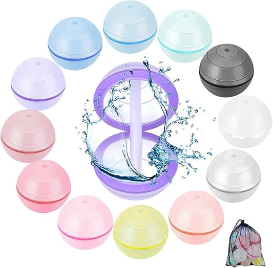 12 Pcs Reusable Water Balloons for Kids Age 3+ Outside Games, Summer Beach Pool Water Toys for Toddler Boys and Girls, Silicone Quick Fill Sealing Magnetic Bomb Balls-WB