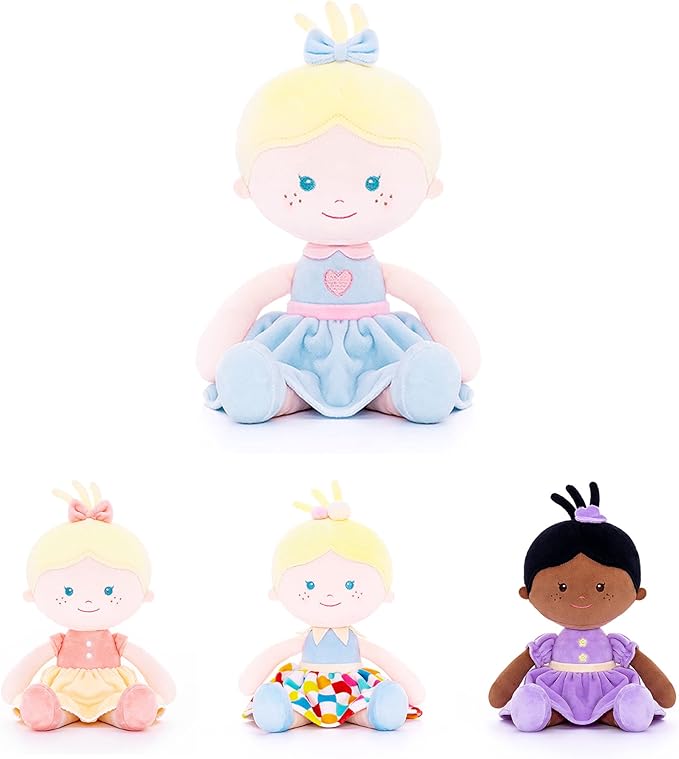 Onetoo Soft Baby Doll for Girls Plush Rag Doll Sleeping Cuddle Buddy Doll First Baby Doll Wear Blue Love Dress 14"