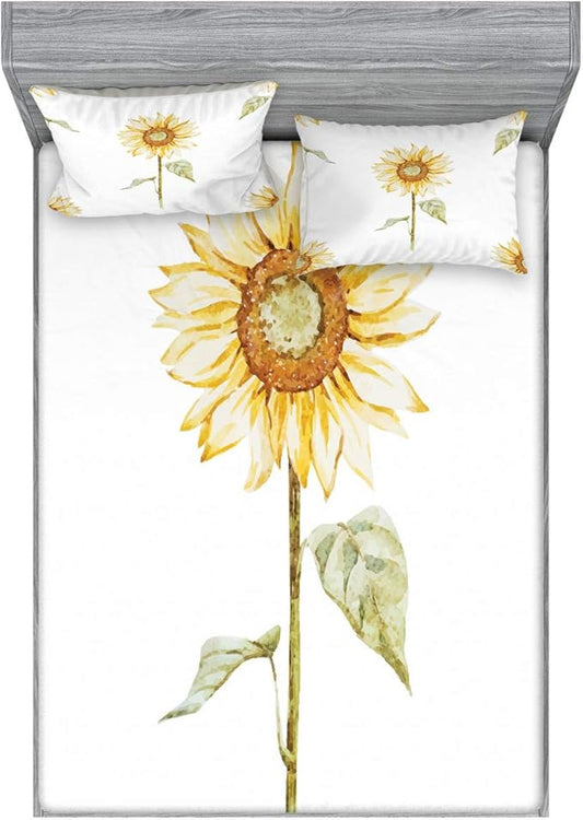 Ambesonne Sunflower Fitted Sheet & Pillow Sham Set, Sunflowers Watercolor Painting Effect and in Minimalistic Design Artwork, Decorative Printed 3 Piece Bedding Decor Set, King, Yellow Green White