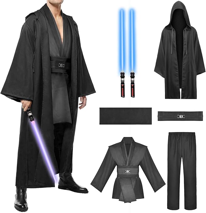 Men's Tunic Cosplay Costume with 2 PCS Light Up Saber Tunic Hooded Robe Full Set for Halloween Party