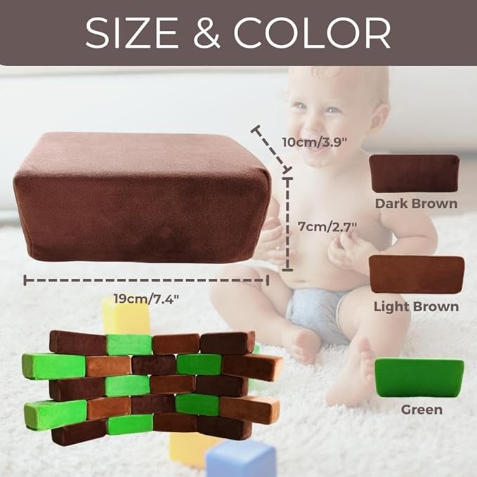 Wonder Space Plush Foam Blocks - Nursery Building & Stacking Toys for Toddlers Boys & Girls, Soft Smooth Velvet Cover, Early Education Gross Motor Skills & Brain Development (24 Bricks, Earth)