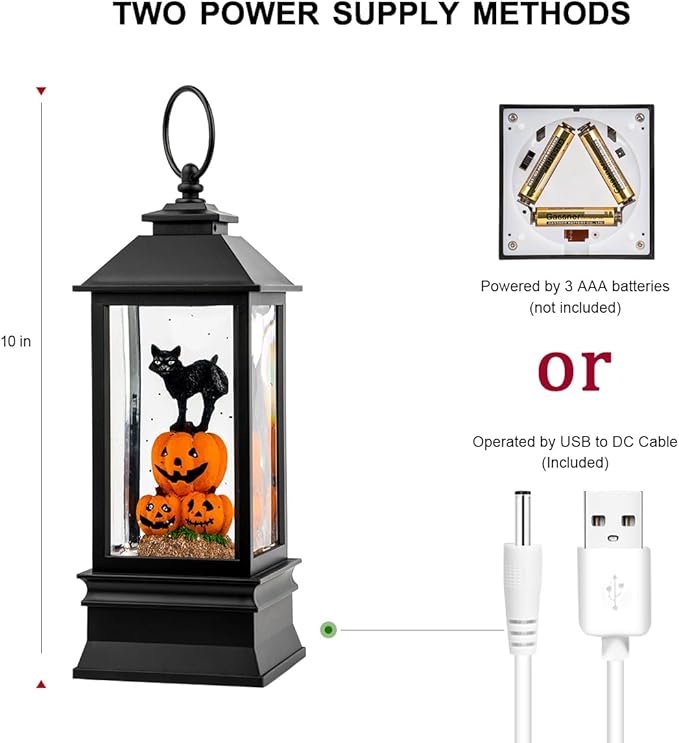 10'' Halloween Snow Globe Lantern Lighted Musical Water Lantern Spooky Pumpkin and Witch' s Black Cat Combo with Swirling Glitter, Battery Operated or USB Powered