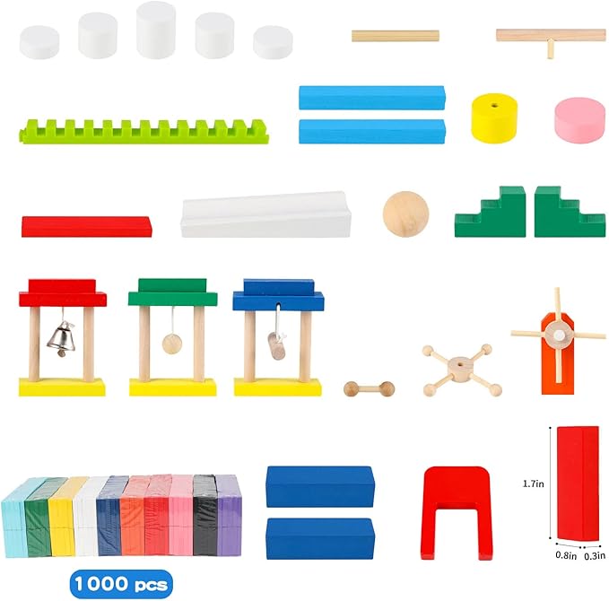 1000 PCS Dominoes Set for Kids with Extra 11 Blocks, Wooden Building Blocks 10 Colors Dominoes Racing Tile Games Educational Toy for Kids Birthday Party with Storage Bag