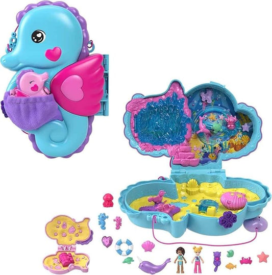 Polly Pocket - Seahorse Bag 2-in-1 Playset Polly and Shani Dolls Animals & 13 Accessories Included Make a Wear Bag Toy for Kids 4+ Years HWP03