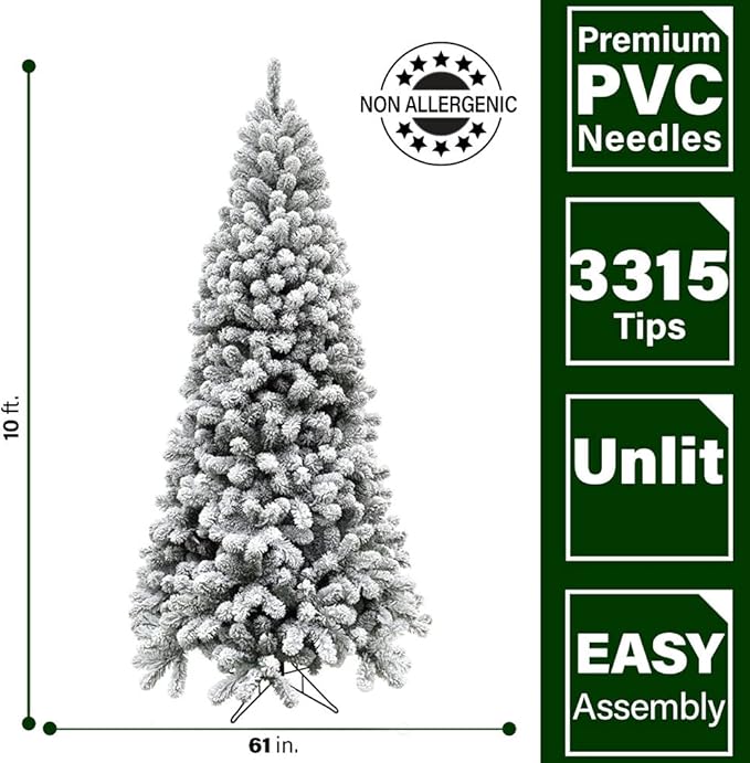 Fraser Hill Farm 10-Ft. Alaskan Pine Flocked Artificial Christmas Tree with Stand, Unlit Foldable Fake Tree with Realistic Snowy Foliage for Home Decoration