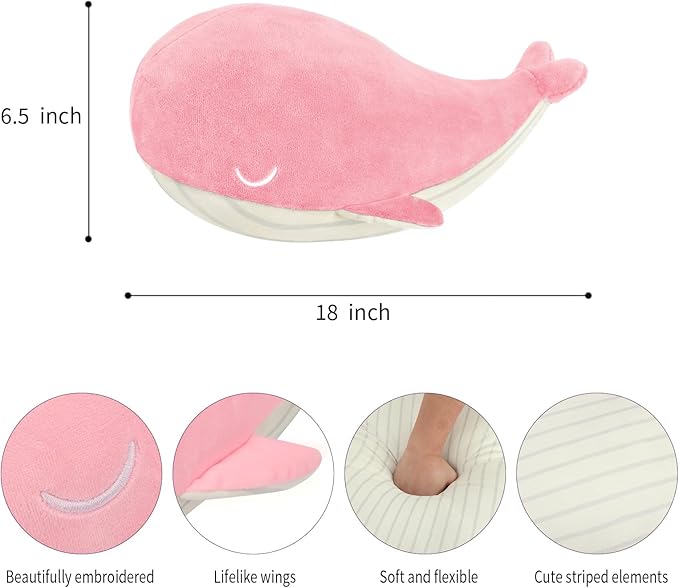 MUPI Whale Stuffed Animals Plush Pillow 4 Size Cute Soft Cotton Plushies Pillows Kawaii Blue Whale Toy Gifts for Kids Boys Girls Adults (Pink, 18 Inch)