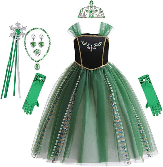 REXREII Girls Anna Princess Costume Frozen Elsa Snow Queen Dress Halloween Cosplay Xmas Birthday Party Gown (w/Accessories)