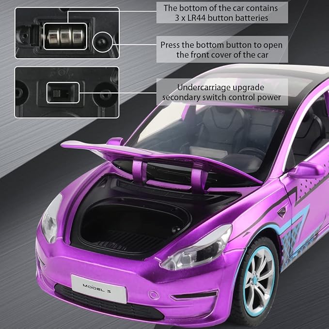 Zinc Alloy Model 3 Car Model,1:24 Scale Simulation Casting car Model Pull Back Diecast Toy Car, Mini Vehicles Toys with Lights and Music for Toddlers Kids Children Birthday Gift(Purple)