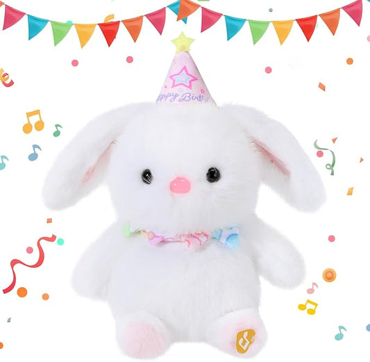 Birthday Bunny Plush Toy Clap Activated with Voice Recording Singing Dancing Interactive Stuffed Animal Gift for Toddler Kids Boys Girls