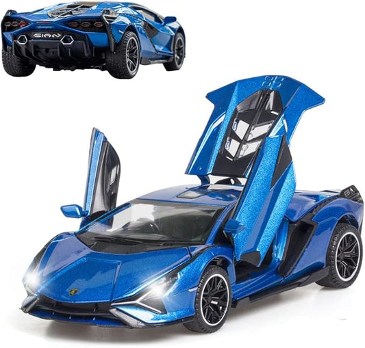 Diecast Toy Car Sian FKP37 Sports Model Car,Zinc Alloy Simulation Casting Pull Back Vehicles,1:32 Scale Supercar Toys with Lights and Music Sound for Toddlers Kids Children Boys Girls Gift (Blue)