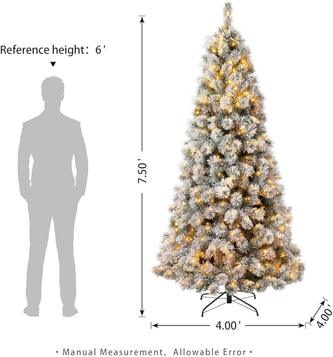 Glitzhome 7.5ft Pre-lit Snow Flocked Artificial Xmas Tree, Large Full-Size Pine Christmas Tree with 650 Warm White Lights Holiday Decoration