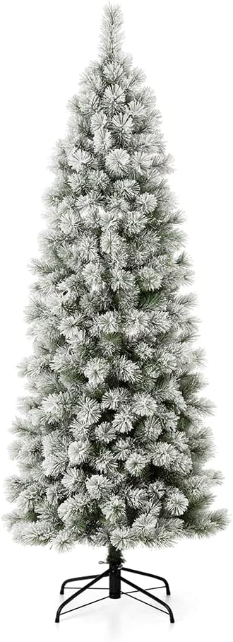 Glitzhome 7.5ft Prelit Christmas Tree, Artificial Christmas Tree with 350 Warm White Lights, Flocked Pencil Christmas Tree and Foldable Metal Stand for Home, Office, Party Decoration, Easy Assembly