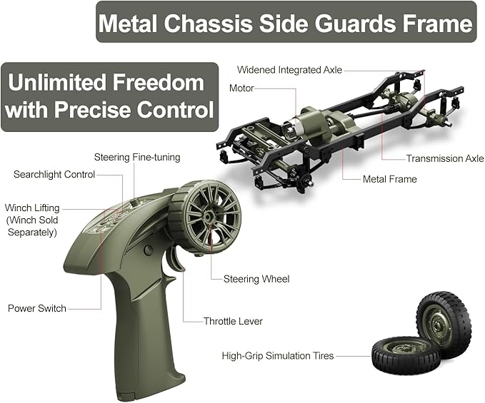 RC Military Truck Rock Crawler, 1:10 4WD Off-Road Remote Control Military Jeep with Winch, Canvas & 2 Batteries, 2.4G All Terrain Army Climbing Vehicle with LED Lights, for Kids Adult