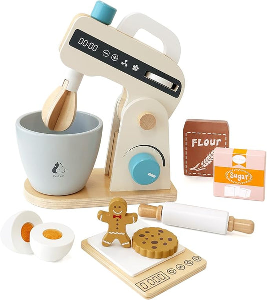 PairPear Play Food Stand Mixer, Wooden Toys Bake Cookies Playset, Multi-Function Play Kitchen Accessories for Kids Ages 3+