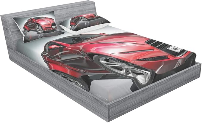 Ambesonne Cars Fitted Sheet & Pillow Sham Set, Modern Era Sports Car Designed for Spirited Performance and Fast Speed Racing Print, Decorative Printed 3 Piece Bedding Decor Set, Queen, Grey Red