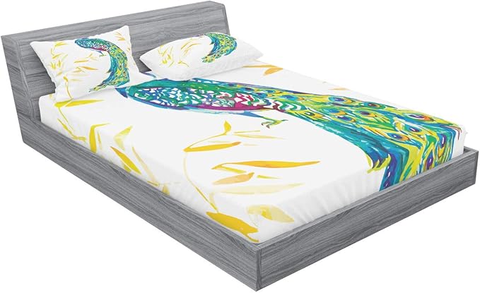 Ambesonne Peacock Fitted Sheet & Pillow Sham Set, Digital Watercolor Paint Creature Female Animal Large Tail Eyespots Image, Decorative Printed 3 Piece Bedding Decor Set, Queen, Orange Teal Yellow