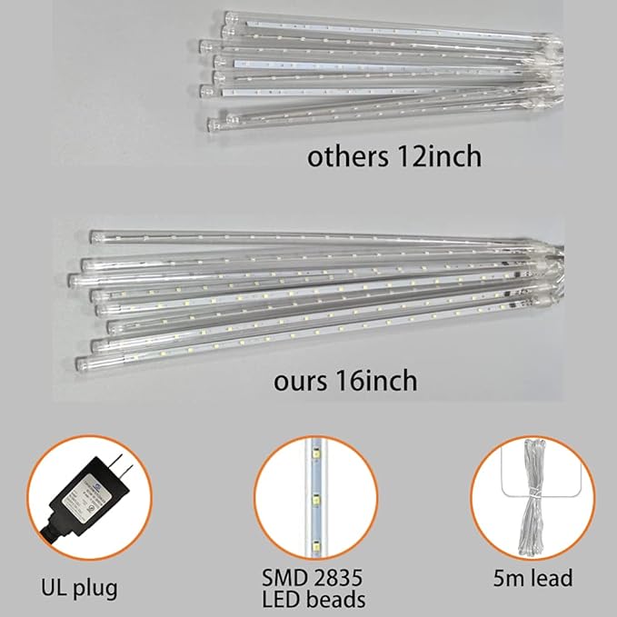 Aokudoni Meteor Shower Lights Outdoor Christmas Lights 16 Inch 8 Tube Blue Icicle Light for Xmas Holiday Tree Wedding Party Garden Christmas Decorations