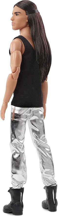 Barbie Signature Looks Ken Doll (Long Brunette Hair) Fully Posable Fashion Doll Wearing Black Tank Top & Metallic Pants, Gift for Collectors
