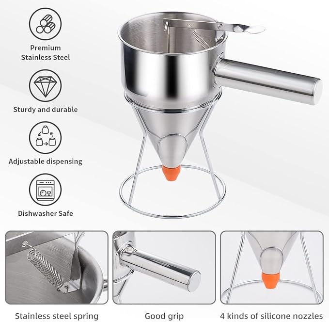 20oz Pancake Batter Dispenser, Multi-Caliber Stainless Steel Funnel Cake Dispenser with Stand Great for Pancakes, Cupcakes or Any Baked Goods