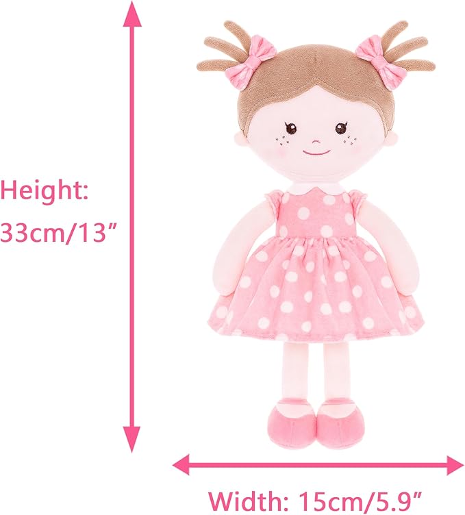 Onetoo Plush Rag Doll Sleeping Cuddle Buddy Doll Soft Baby Doll First Baby Doll Wear Coral Polka Dot Dress 14"（Milly Series）
