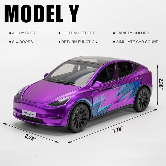 1/24 Model Y Toy Cars Alloy Diecast Model, Pull Back Model Y M-odel Car with Light, Big Mo-del Y Diecast Cars Mode-l Toy Suitable for Kids Adults Birthday Gift (Purple)