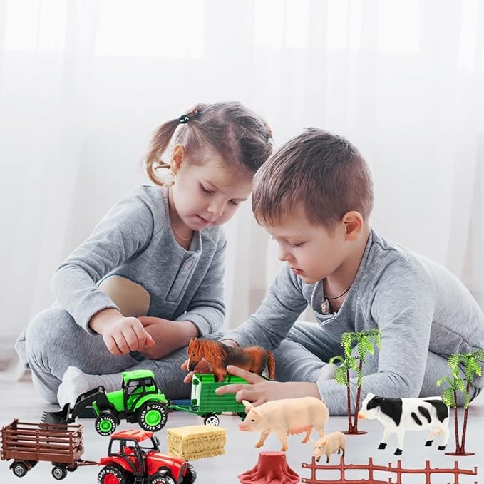 Kimicare 3 Pack Farm Toy Tractor with 40pcs Plastic Farm Animals Figurines and Fence Farm Playset, Farm Figures Farmer Vehicle Toy Truck with Trailer for 3-12 Years Old Kids Boys Girls Toddlers