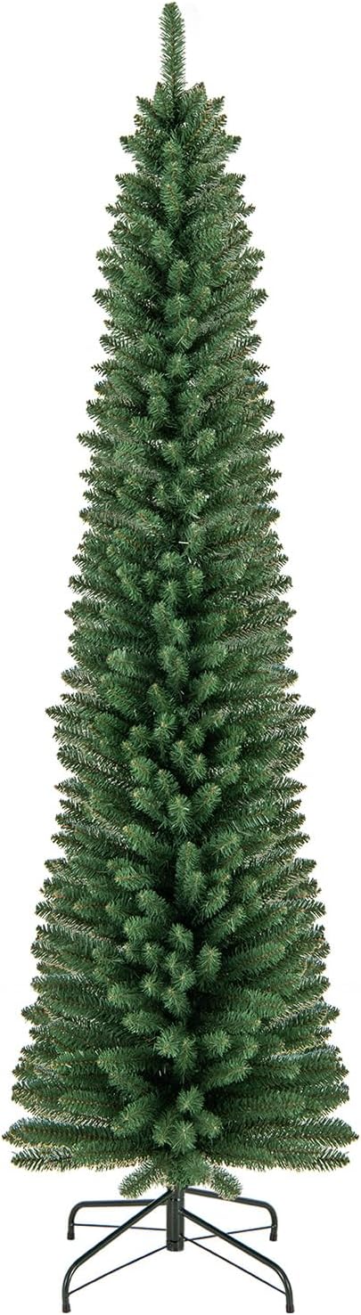 GOFLAME 7FT Pencil Christmas Tree, Slim Artificial Xmas Tree with 523 Memory Wire Branch Tips & Upgraded Metal Stand, Seasonal Holiday Decoration Tree for Home Office Party
