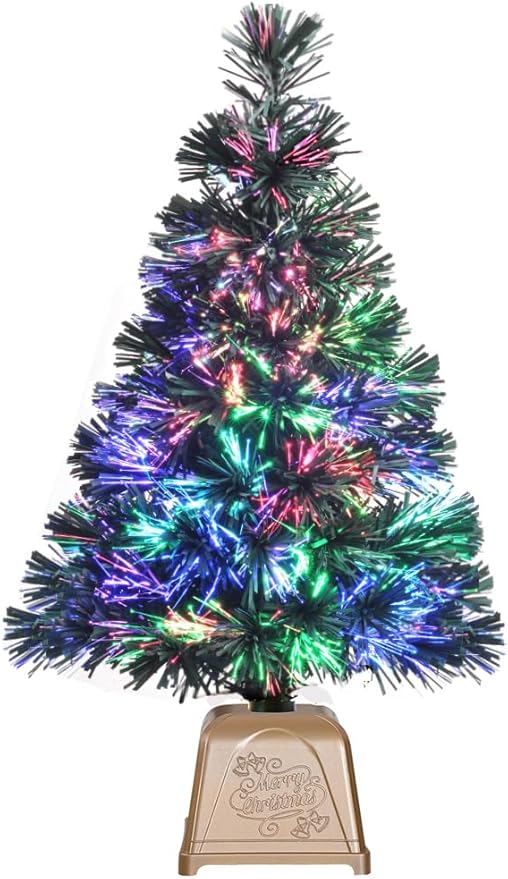 Pre-lit Mini Christmas Tree, Tabletop Artificial Fiber Optic Christmas Trees with Gold Base -24 Inch …