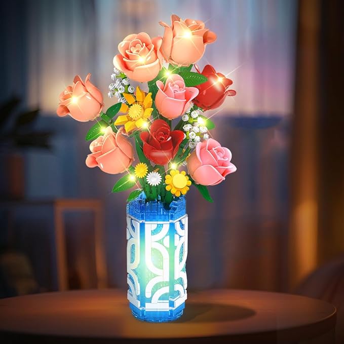 14 Flowers Bouquet Building Set with Vase and LED Light, Mother's Day 747 PCS Mini Roses Flower Botanical Building Blocks Toy, Birthday Gifts for Adults, Artificial Roses Flowers Home Decor