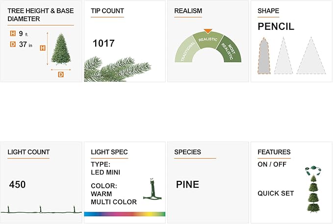 Glitzhome 9ft Prelit Christmas Tree, Artificial Christmas Tree Portland Snowy Pine Flocked Pencil Christmas Tree with 450 LED Lights, 9 Functional Warm White/Multi-Color, Remote Controller