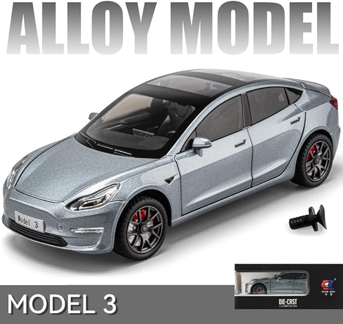1/24 Model 3 Toy Car for Boys, Zinc Alloy Diecast Metal Model 3 Model Car Pull Back Car Toy Vehicles with Sound and Music, Suitable for Kids Aged 3+ as Gifts
