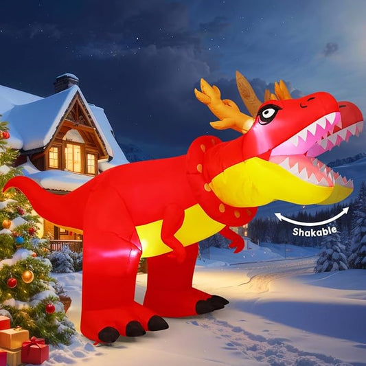 COMIN 9.5FT Christmas Inflatables Dinosaur Outdoor Yard Decoration Xmas Shakable Dino Blow Up with Built-in LEDs for Indoor Party Lawn Garden Decor