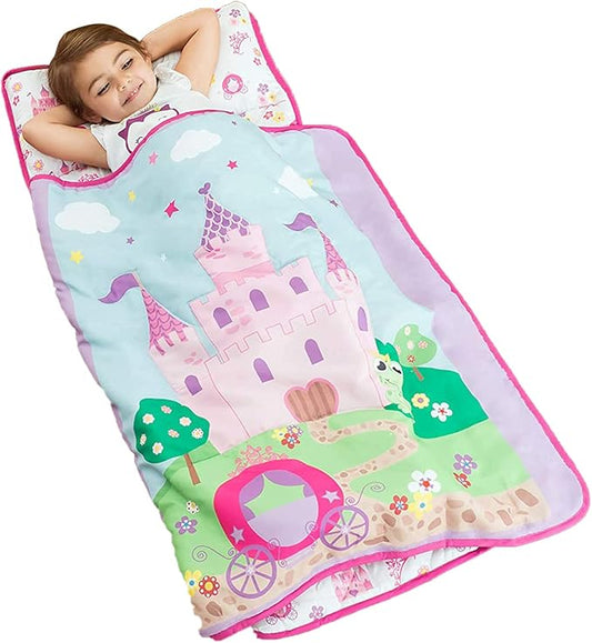 EVERYDAY KIDS Toddler Nap Mat with Removable Pillow -Princess Storyland- Carry Handle with Fastening Straps Closure, Rollup Design, Soft Microfiber for Preschool, Daycare, Sleeping Bag -Ages 2-6 years