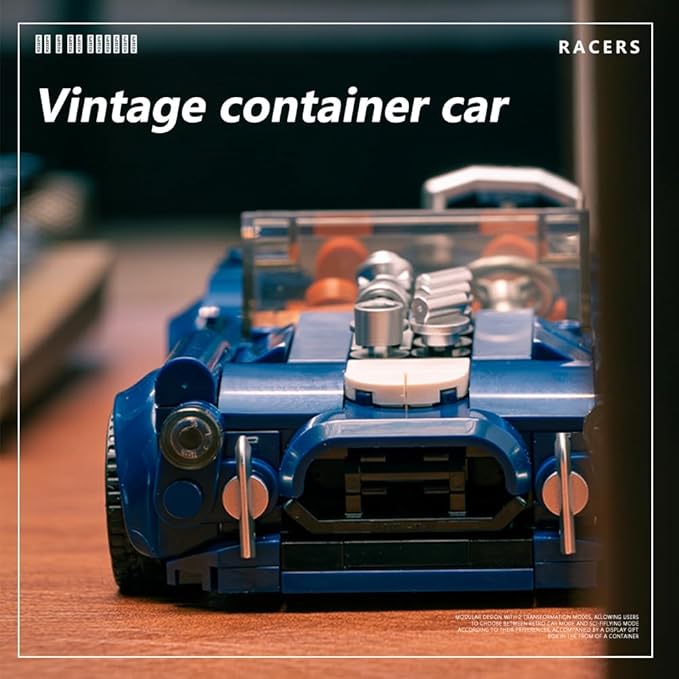 PB8818 1:32 Blue Convertible Sports Car Buliding Blocks Set, 317 Pieces Racing Toy Model Container Display Box, Clamping Blocks Car STEM Gift for Adults